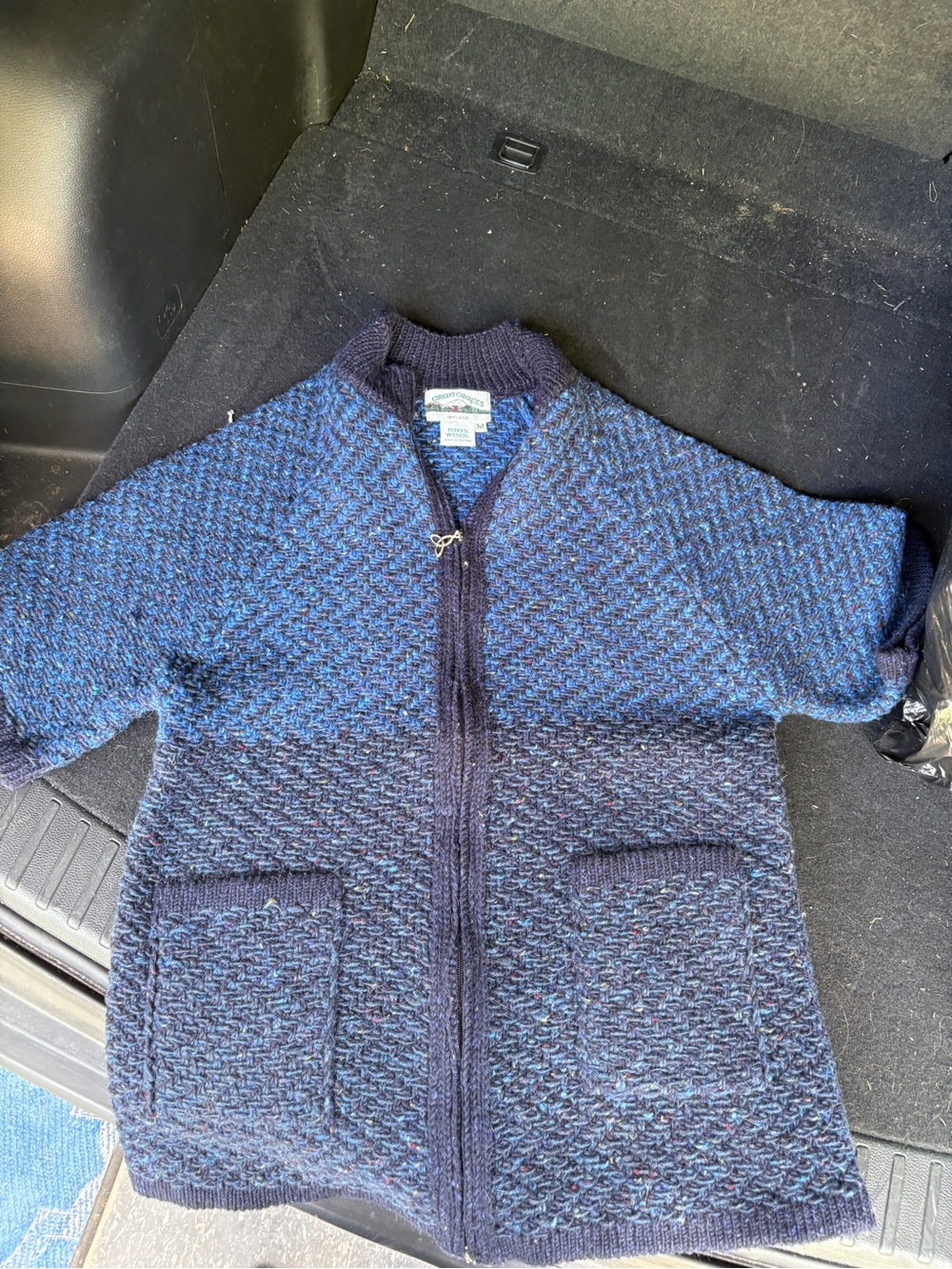 Aran Crafts Sweater Cardigan Womens Medium Blue Cable Knit Full Zip 100% wool